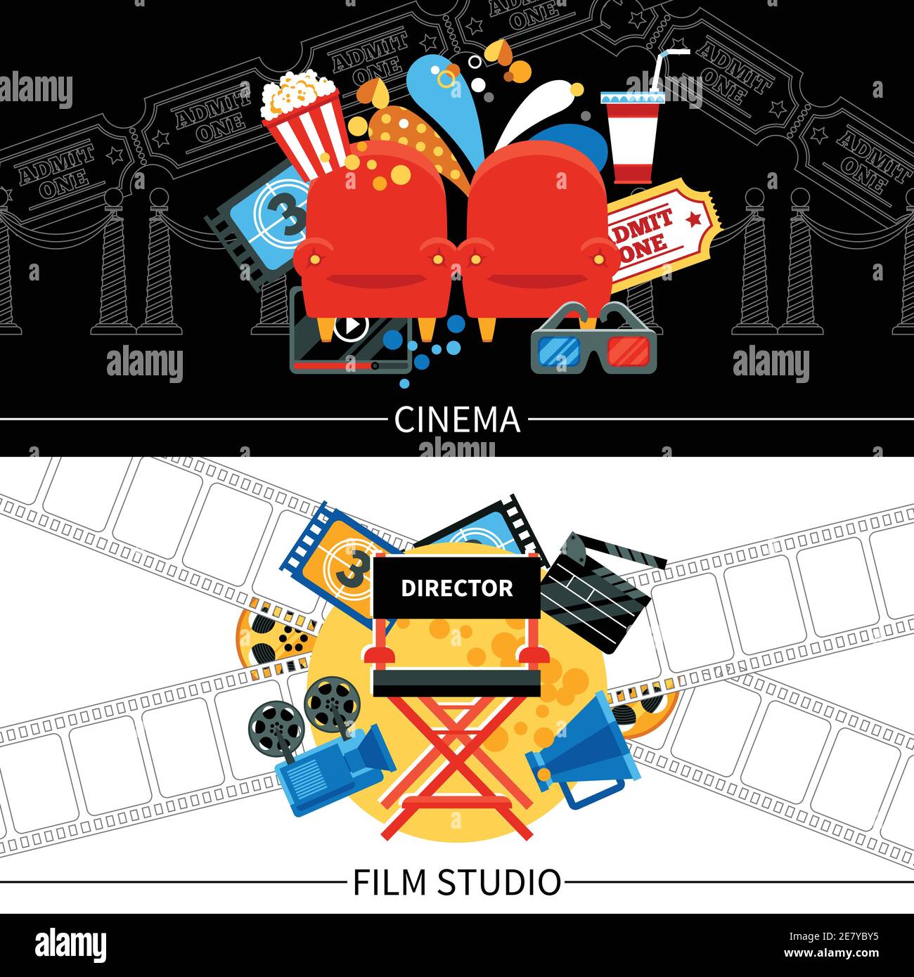 Cinema horizontale Banner Set mit Film-Studio-Symbole flach isoliert vektorgrafik Stock Vektor