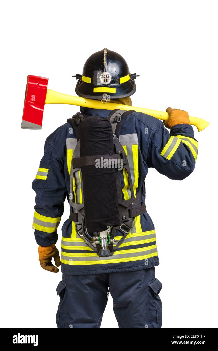 Rückansicht Feuerwehrmann in feuerfester Uniform Stockfoto