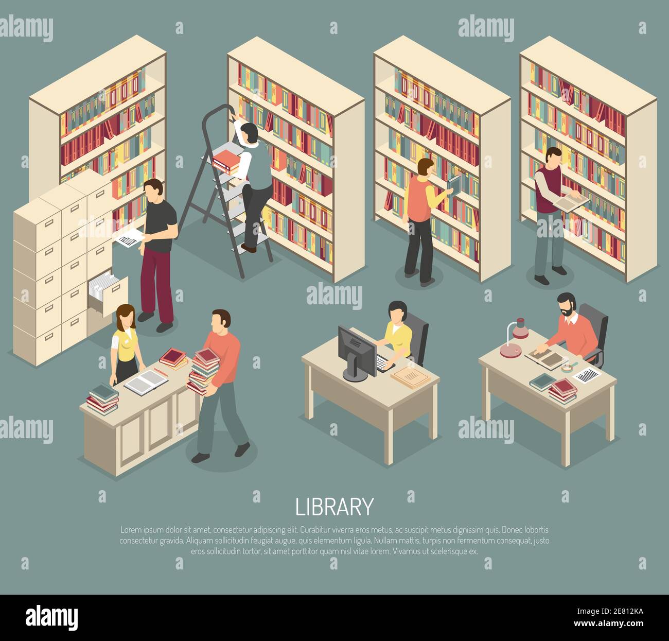 Wissenschaftliche Bibliothek veröffentlichte Materialien Regale mit Leiter und Online-Dokumente Und Kataloge Zugriff Computer isometrische abstrakte Illustration Stock Vektor