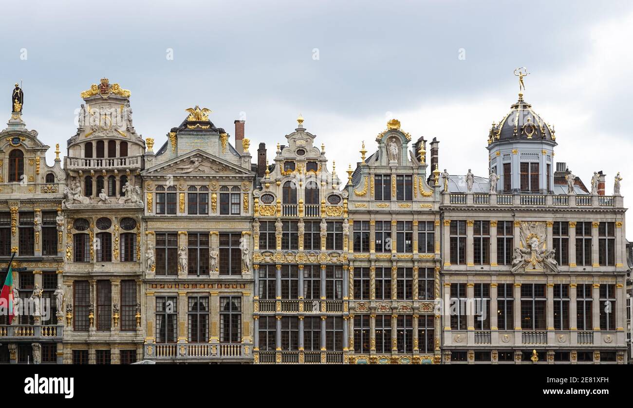 Fassaden von Zunfthäusern auf dem Grand Place, Grote Markt in Brüssel, Belgien Stockfoto