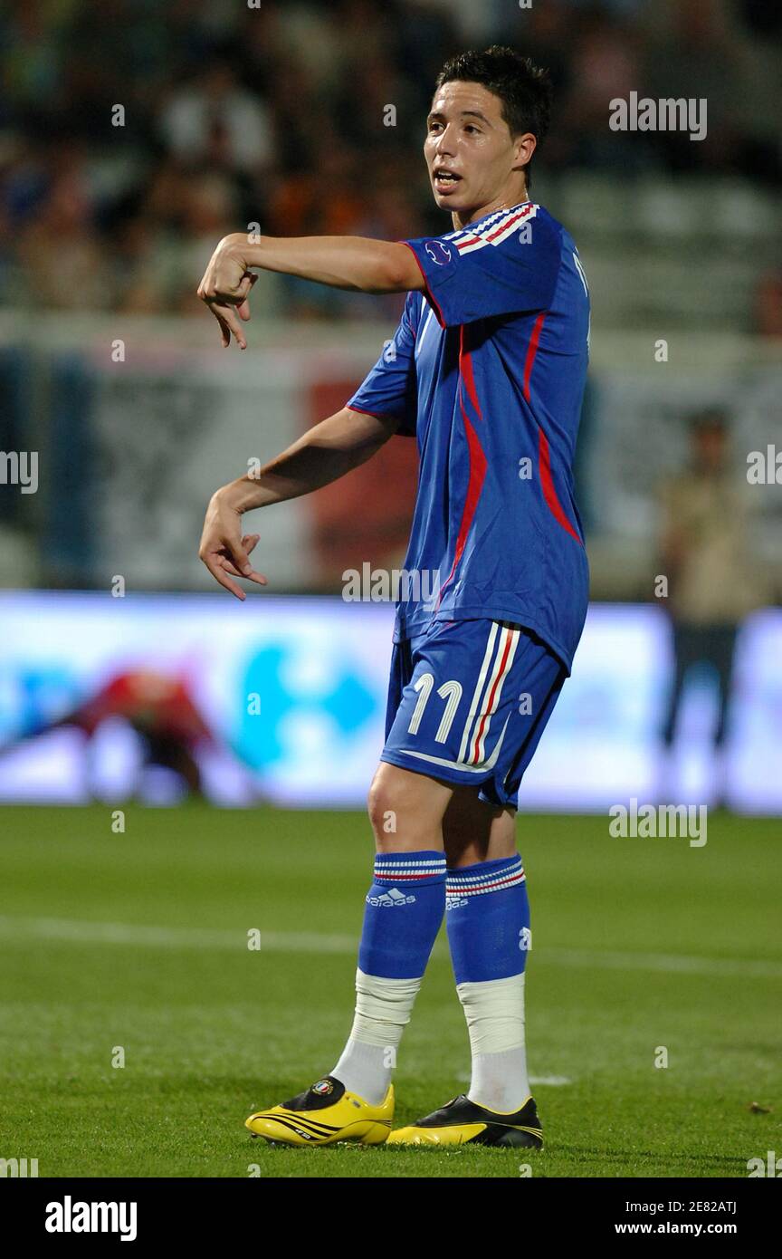 Frankreichs Samir Nasri Gesten während der EM 2008 Qualifikation Fußballspiel Frankreich gegen Georgien in l'Abbe Deschamps Stadion in Auxerre, Frankreich, am 6. Juni 2007. Frankreich gewann 1:0. Foto von Nicolas Gouhier/Cameleon/ABACAPRESS.COM Stockfoto