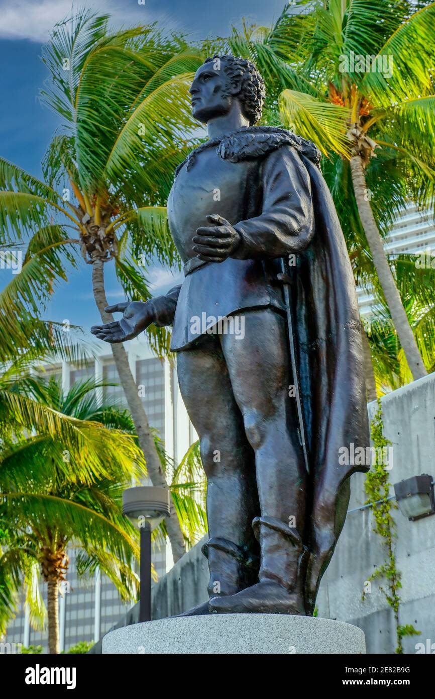 Denkmal für Christoph Kolumbus im Bayfront Park in Miami, Florida. Stockfoto