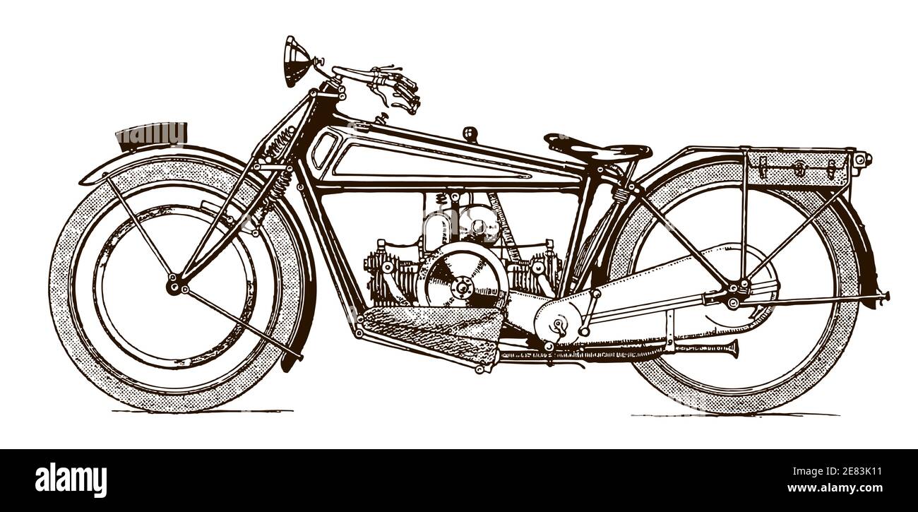 Klassisches flaches Zweizylindermotorrad in Seitenansicht, nach einer Illustration aus dem frühen 20. Jahrhundert Stock Vektor