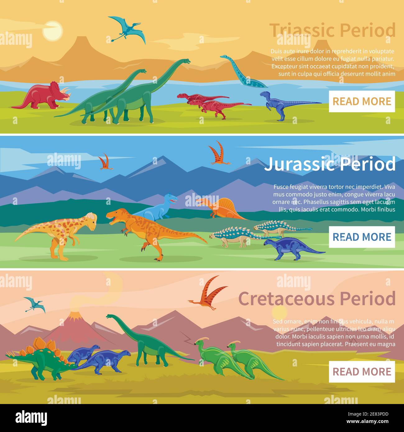 Dinosaurier flache horizontale Banner Set von Design-Hintergründe mit Gruppen Von riesigen alten Pangolinen lebten vor Millionen Jahren Vektor-Illustration Stock Vektor