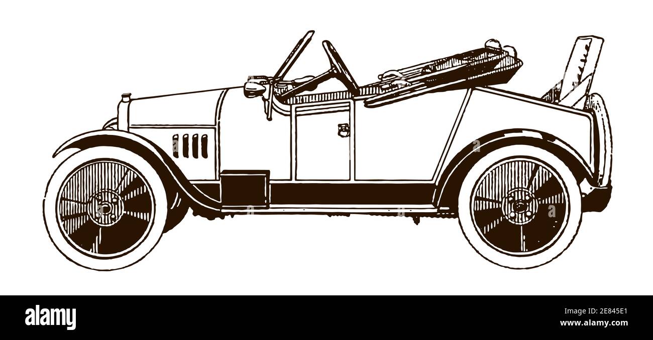 Antiker Zweisitzer-cyclecar mit dickey-Sitz in der Seitenansicht, nach einer Illustration aus dem frühen 20. Jahrhundert Stock Vektor