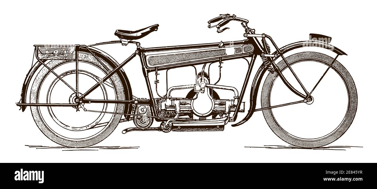 Klassisches flaches Zweimotorrad in Seitenansicht, nach einer Illustration aus dem frühen 20. Jahrhundert Stock Vektor