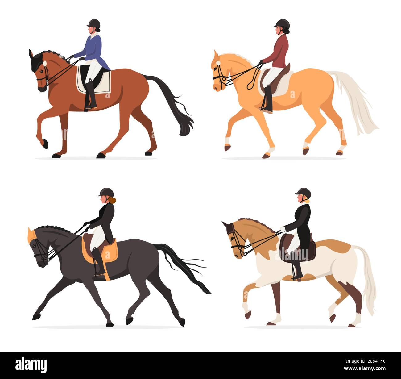 vector Set von jungen Reitern auf der Rennbahn. Professioneller Reitsport, Dressurleistungen. Frau, die beim Turnier auf dem Pferd reitet. Weibliche Jockey Stock Vektor