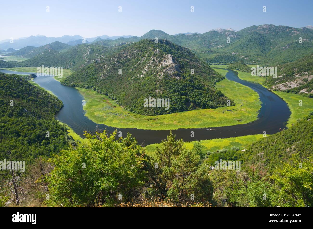 Der Fluss Crnojevica fließt in den Skadar-See-Nationalpark, Montenegro Stockfoto