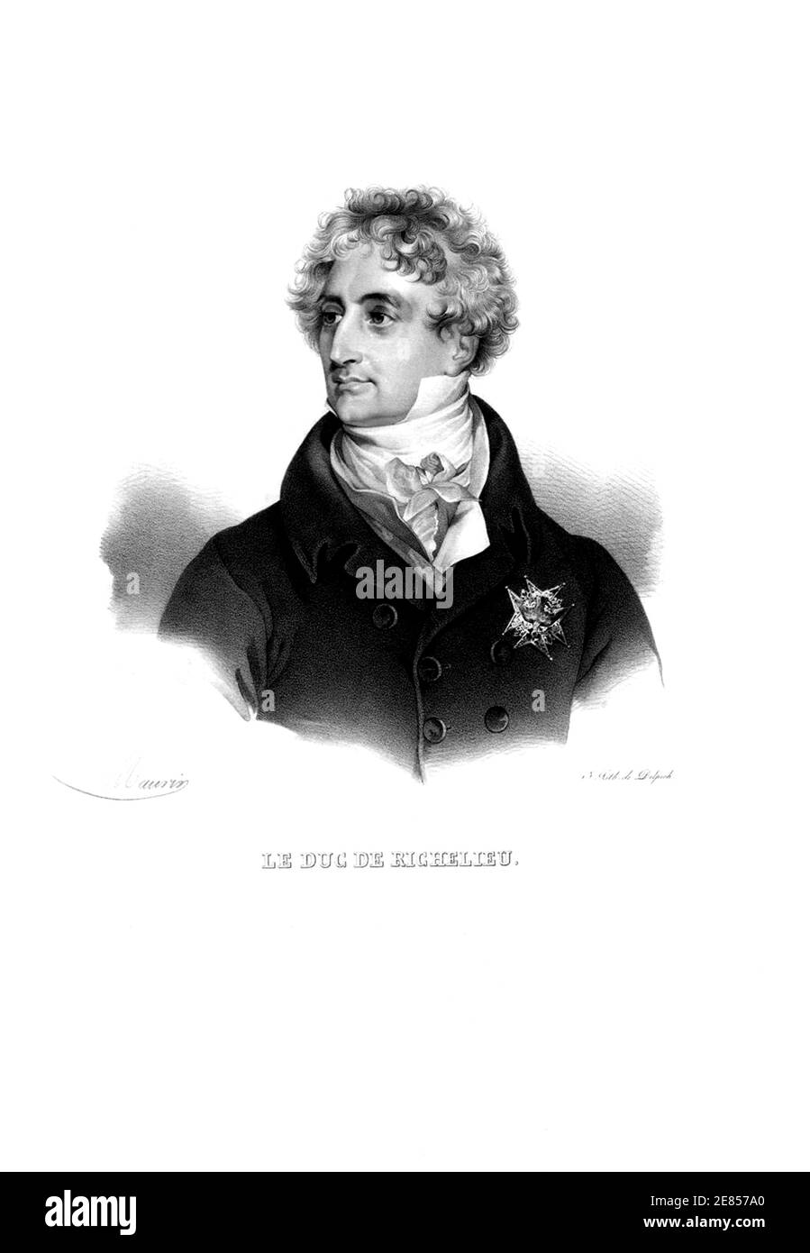 1820 c, FRANKREICH: Der französische Politiker Armand Emmanuel De Vignerot du Plessis DUC DE RICHELIEU ( 1766 - 1822 ), Premierminister zu Zeiten von König Ludwig XVII. Gestochen von Delpech , nach Originalzeichnung von Maurin .- Herzog von - Duca - ADEL - NOBILI francesi - Nobiltà francese - FRANCIA - illustrazione - Illustration - Gravur - Inzisione - Kragen - colletto - POLITICO - POLITICA - POLITIC --- ARCHIVIO GBB Stockfoto
