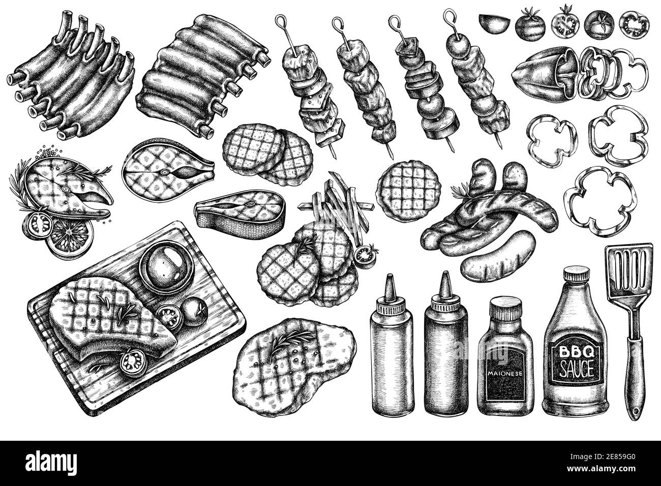 Vektor-Set von Hand gezeichnet schwarz und weiß Spatel, Schweinefleisch Rippchen, Kebab, Würstchen, Steak, Sauce Flaschen, gegrillte Burger Patties, gegrillte Tomaten, gegrillt Stock Vektor
