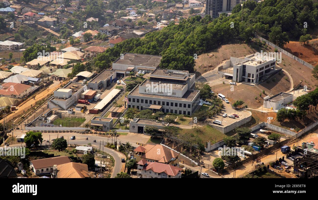 Freetown Sierra Leone Botschaftsstadt der Vereinigten Staaten von Amerika. Westafrika extreme Armut. Tropisches Klima, Umgebung von Savanne bis Regenwald. Stockfoto