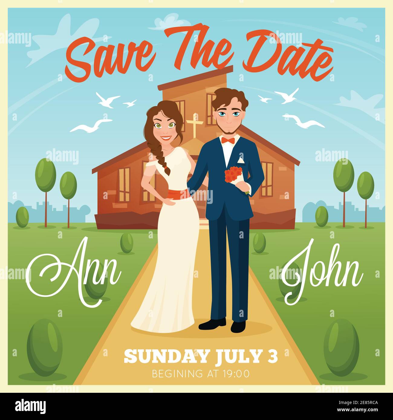 Hochzeitseinladung Cartoon-Karte mit Braut und Bräutigam auf der Kirche Hintergrund und Hochzeit Datum flache Vektor-Illustration Stock Vektor