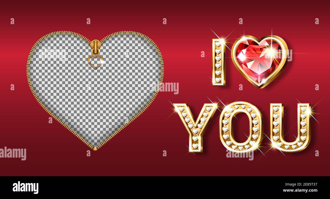 Das Wort Ich liebe dich. Goldene Buchstaben in Herzform mit funkelnden Diamanten. Banner zum Valentinstag. Postkarte Bilderrahmen mit Reißverschluss. Stock Vektor