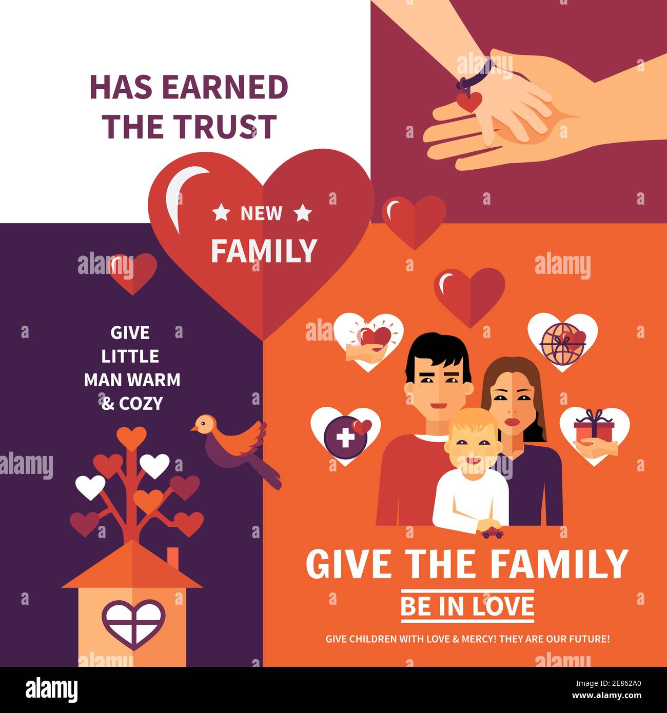 Humanitäre Hilfe Nonprofit weltweite Organisation flache Banner Zusammensetzung Familie Adoption Poster für Kinder in Not abstrakte Vektor-Illustration Stock Vektor