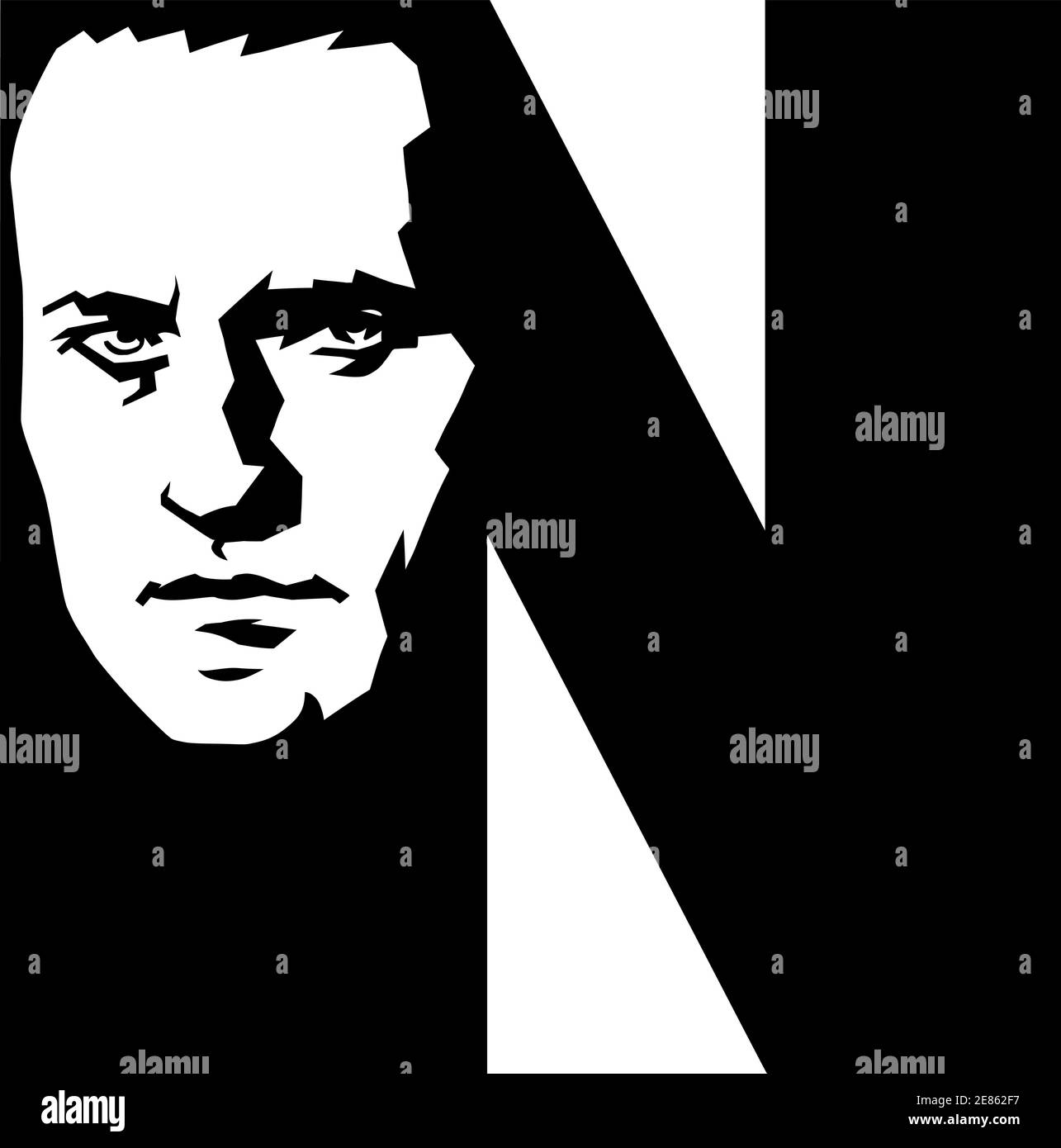 Russischer Politiker Alexey Nawalny. Die Silhouette des Gesichts auf dem lateinischen Buchstaben N Stock Vektor