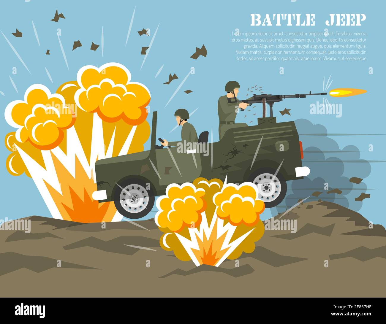 Legendäre US-Armee Allrad-Antrieb Jeep im Kampf Umwelt flach Militär Poster Print abstrakten Vektor Illustration Stock Vektor