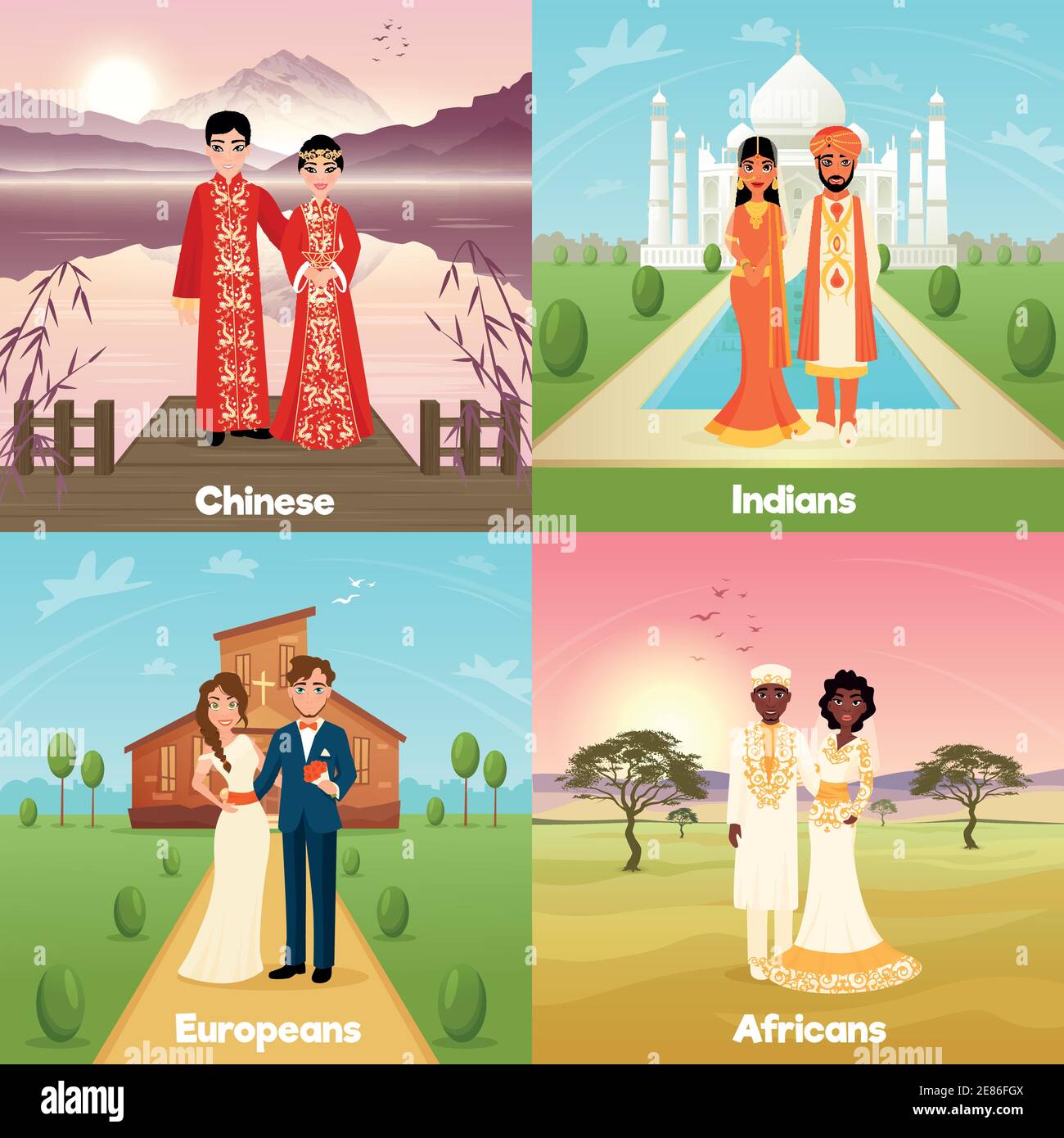 Multikulturelles Hochzeitskonzept 2x2 mit chinesisch-indisch europäisch und afrikanische Paare flache Vektor-Illustration Stock Vektor