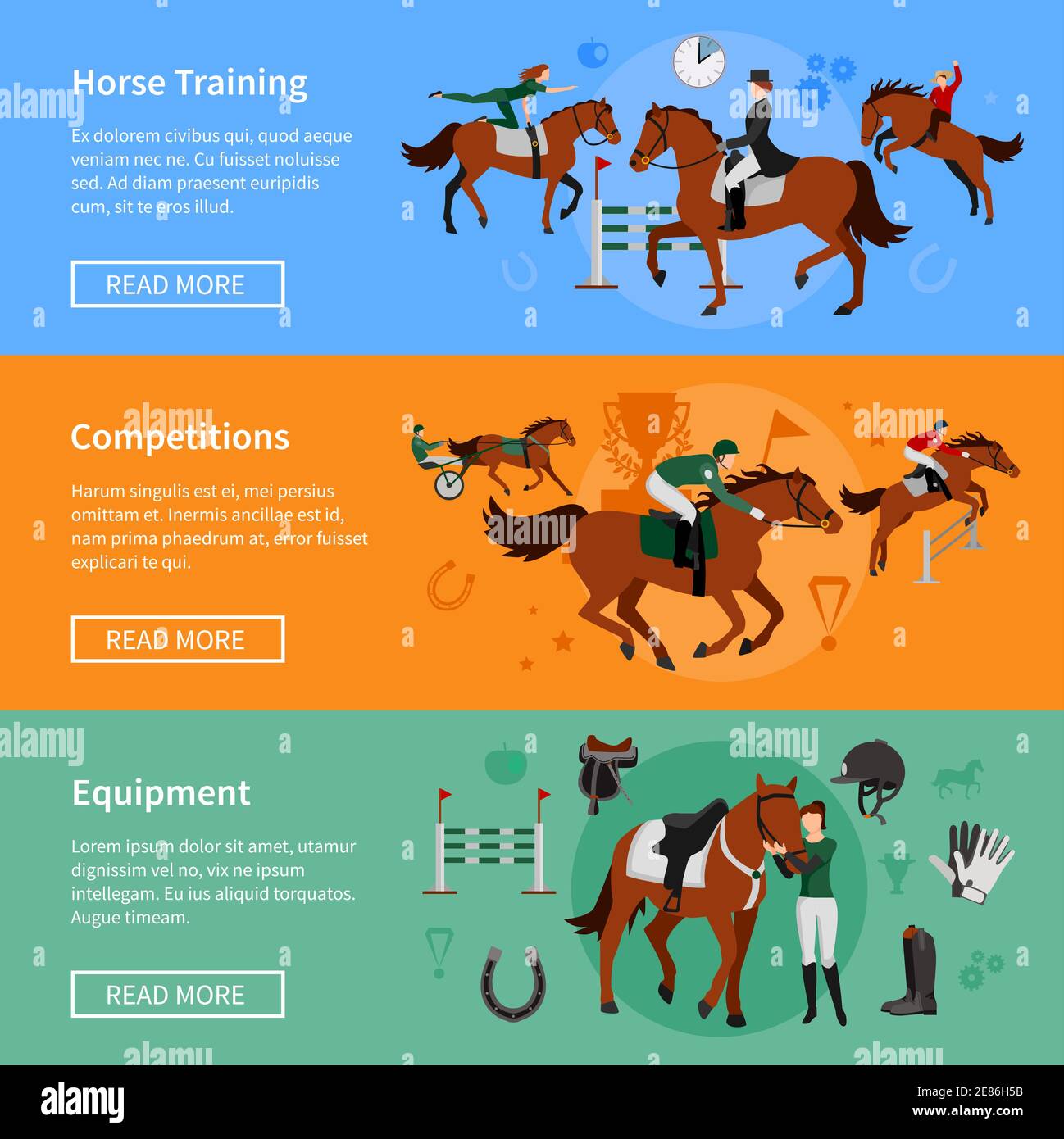 Pferd steigenden Sport horizontale Banner mit Elementen der Munition und Reiter in Pferdeausbildung und Wettbewerbe beschäftigt Vektor Illustration Stock Vektor