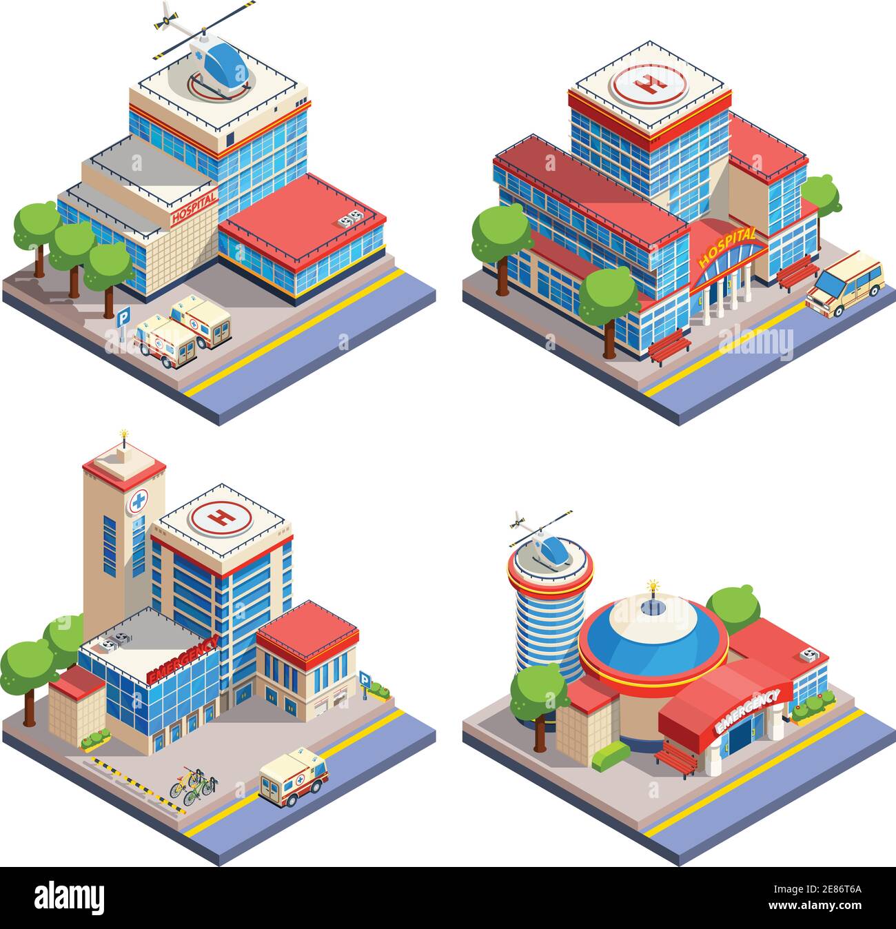 Moderne Krankenhausgebäude mit Hubschrauberpads und Nottransport isometrisch Symbole auf weißem Hintergrund isolierte Vektordarstellung gesetzt Stock Vektor