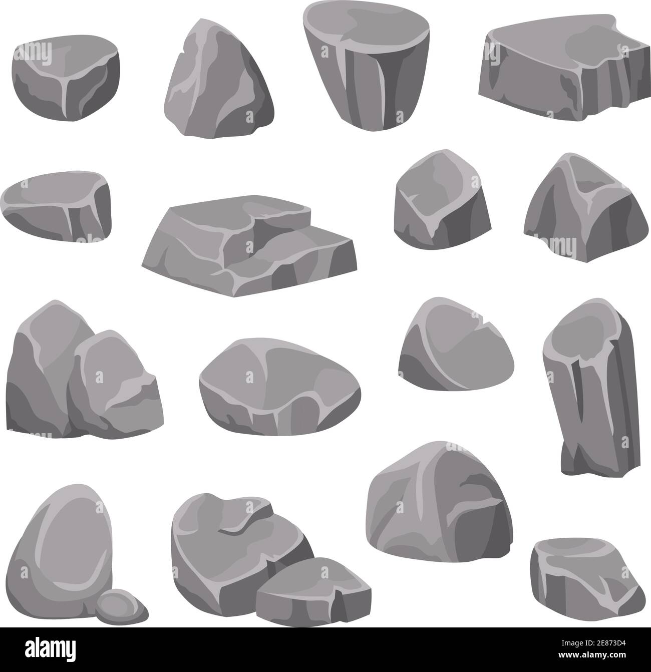 Steine und Steine flache isolierte Elemente in verschiedenen Formen und Schattierungen Von grau auf weißem Hintergrund isometrische Vektordarstellung Stock Vektor