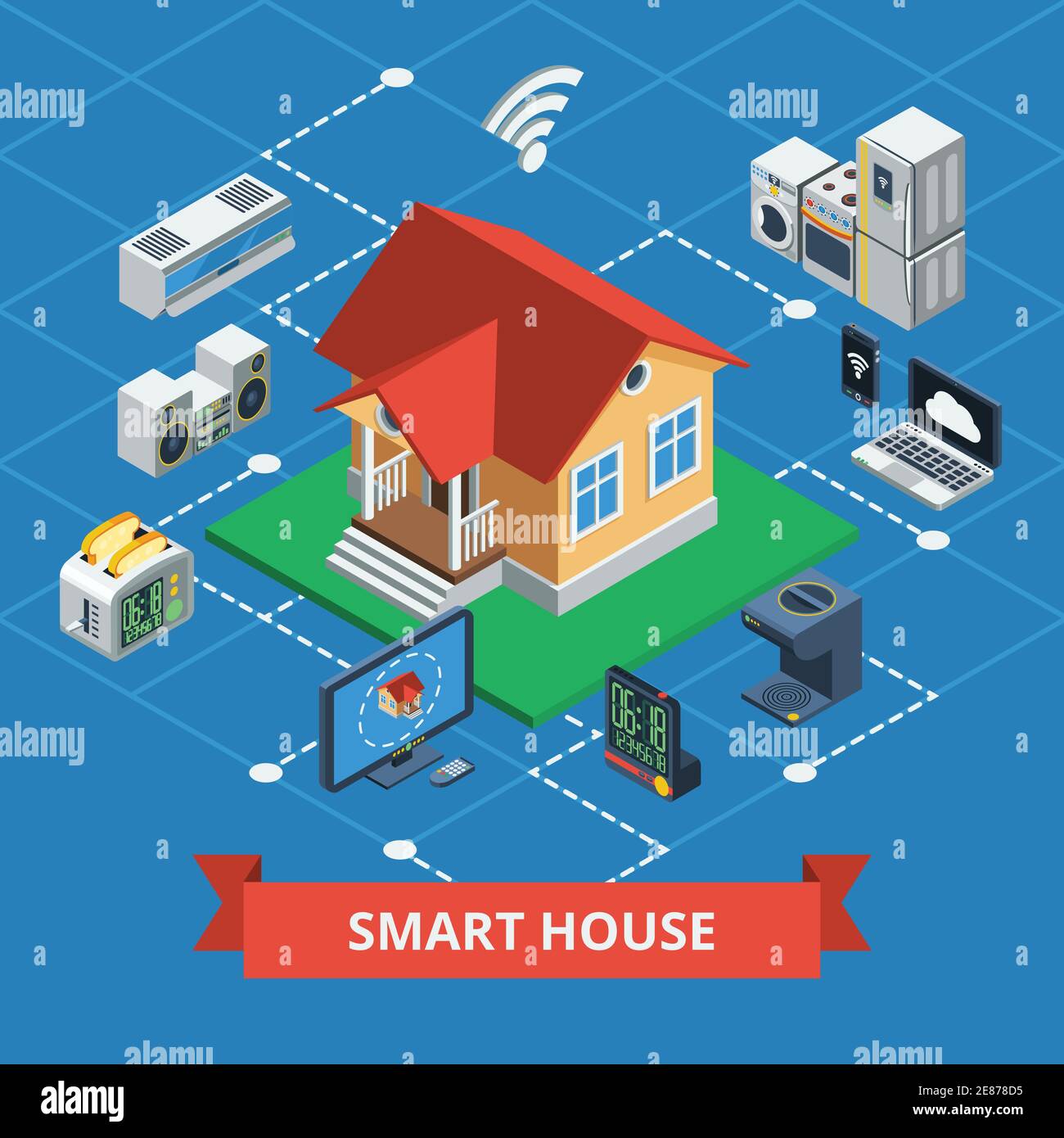 Smart House isometrisches Konzept mit Varianten von drahtlosen Haushaltsgeräten Steuerung der Vektorgrafik für den Grafikstil im Hintergrund Stock Vektor