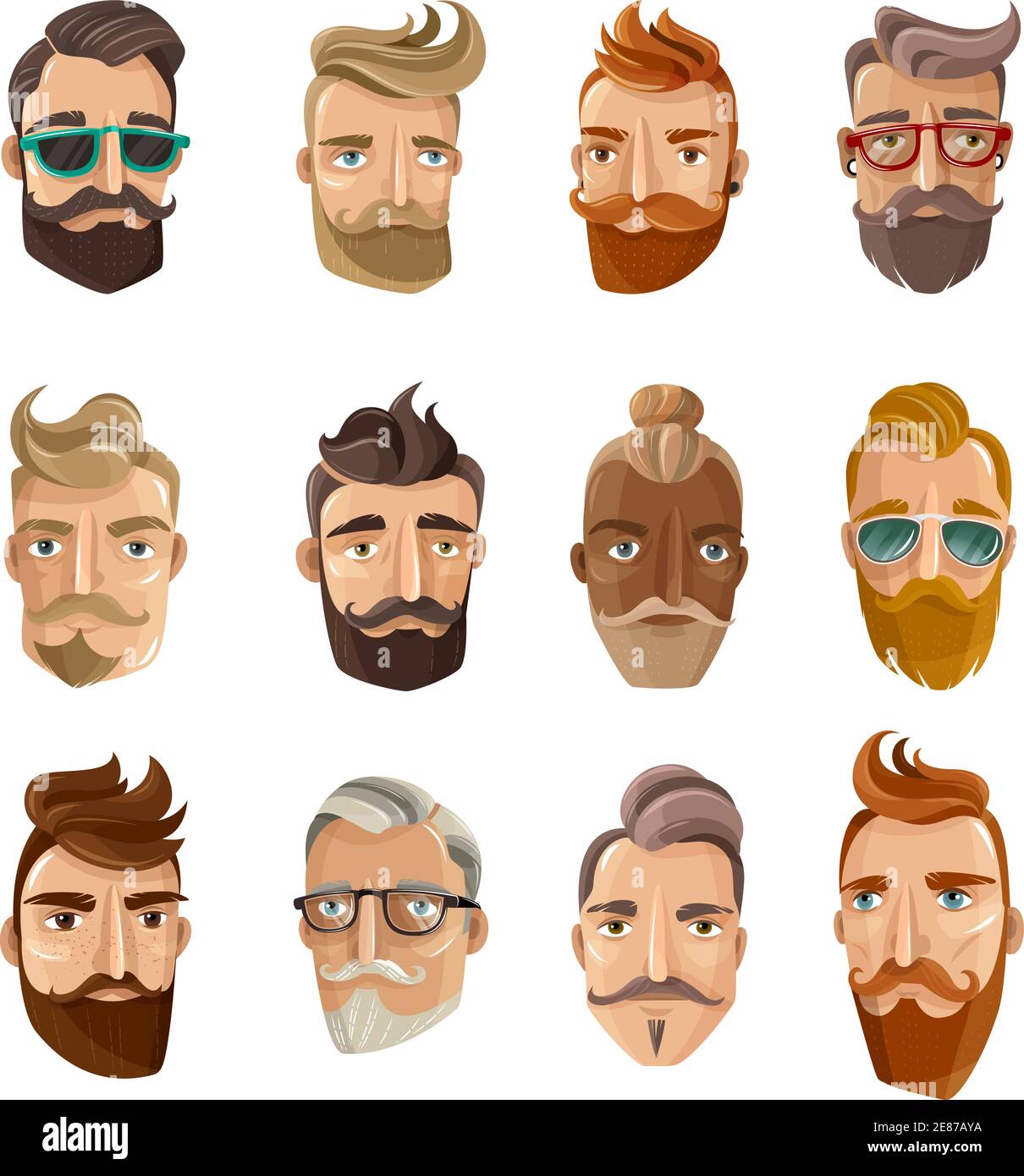 Hipster Barbershop Cartoon PPE mit Bärten Schnurrbärte und verschiedene stilvolle Abschläge auf weißem Hintergrund isoliert-Vektor-illustration Stock Vektor