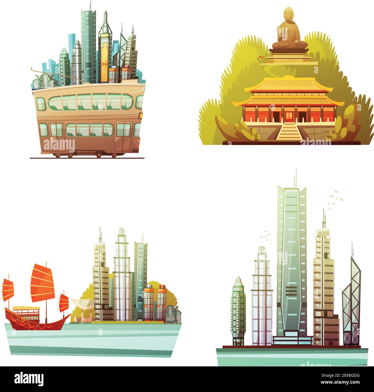 Hong kong 2x2 Design-Konzept Set von Geschichte Wahrzeichen modern Stadtarchitektur und Meereslandschaft flache Vektor-Illustration Stock Vektor