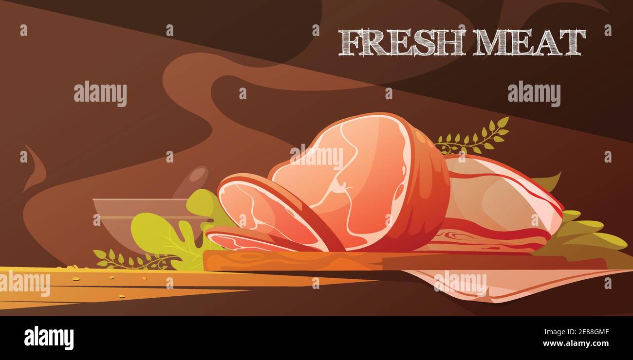 Frisches Fleisch flache Vektor-Illustration im Cartoon-Stil mit köstlichen Scheibe Speck und gebackener Schweineschinken Stock Vektor