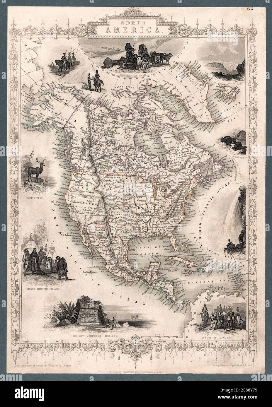 Nordamerika Karte 1851 mit Abbildungen und Grenzen. Atlas-Karte von Nordamerika einschließlich der Vereinigten Staaten, Mexiko, Mittelamerika, karibischen Inseln, einschließlich detaillierter Grenzen, Ortsnamen und Illustrationen. Die Karte erscheint bemerkenswert genau für das Datum, als sie zum ersten Mal erstellt wurde, 1851. Dies ist eine verbesserte, restaurierte Reproduktion einer antiken Karte. Stockfoto