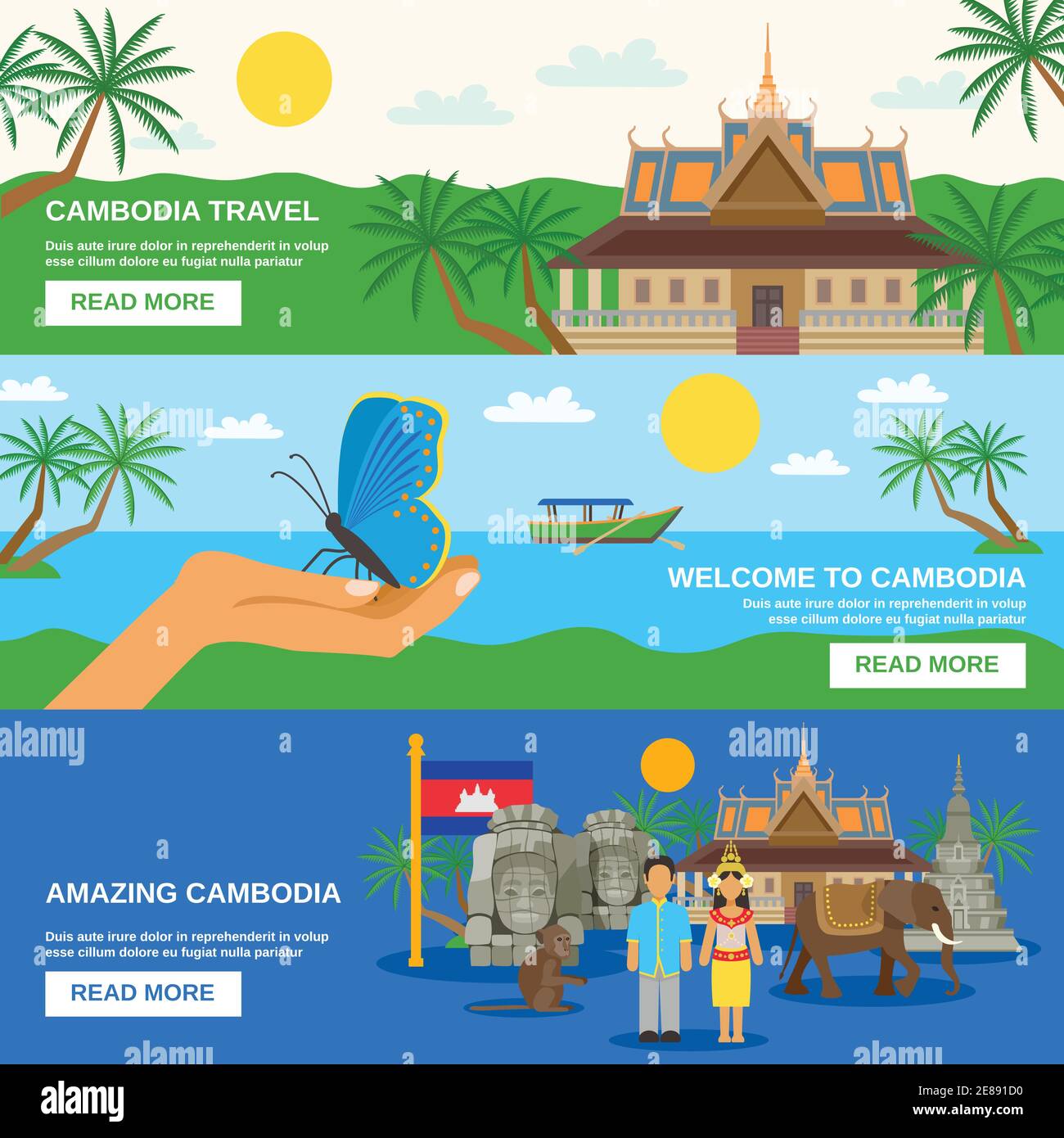 Top Touristenattraktion in kambodscha 3 flache horizontale Banner Set Webseite für Reisende abstrakte isolierte Vektor-Illustration Stock Vektor