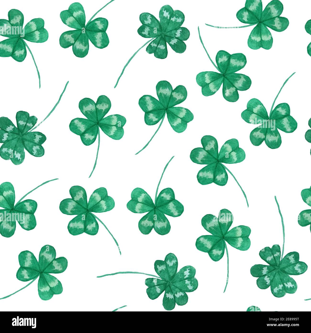 Nahtloses Aquarell handgezeichnetes Muster mit St. Patricks Day Elemente, Green Luck Kleeblatt Natur Pflanze auf weißem isolierten Hintergrund. Irisches Irland Feier, festliche Feiertagsgestaltung Stockfoto