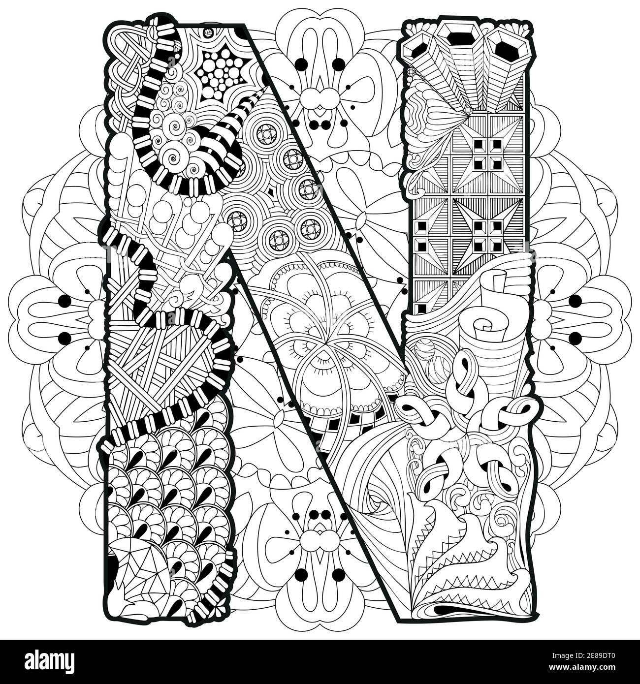 -Handgemalte Design. Erwachsenen Anti-Stress-Malvorlagen. Schwarz / weiß handgezeichnete Abbildung Mandala mit Buchstaben N für Malbuch Stock Vektor