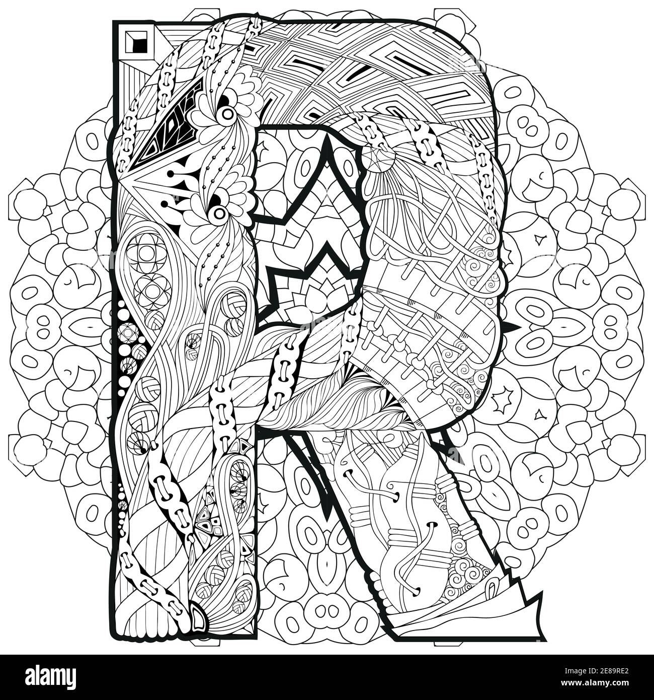 -Handgemalte Design. Erwachsenen Anti-Stress-Malvorlagen. Schwarz / weiß handgezeichnete Abbildung Mandala mit Buchstaben R für Malbuch Stock Vektor