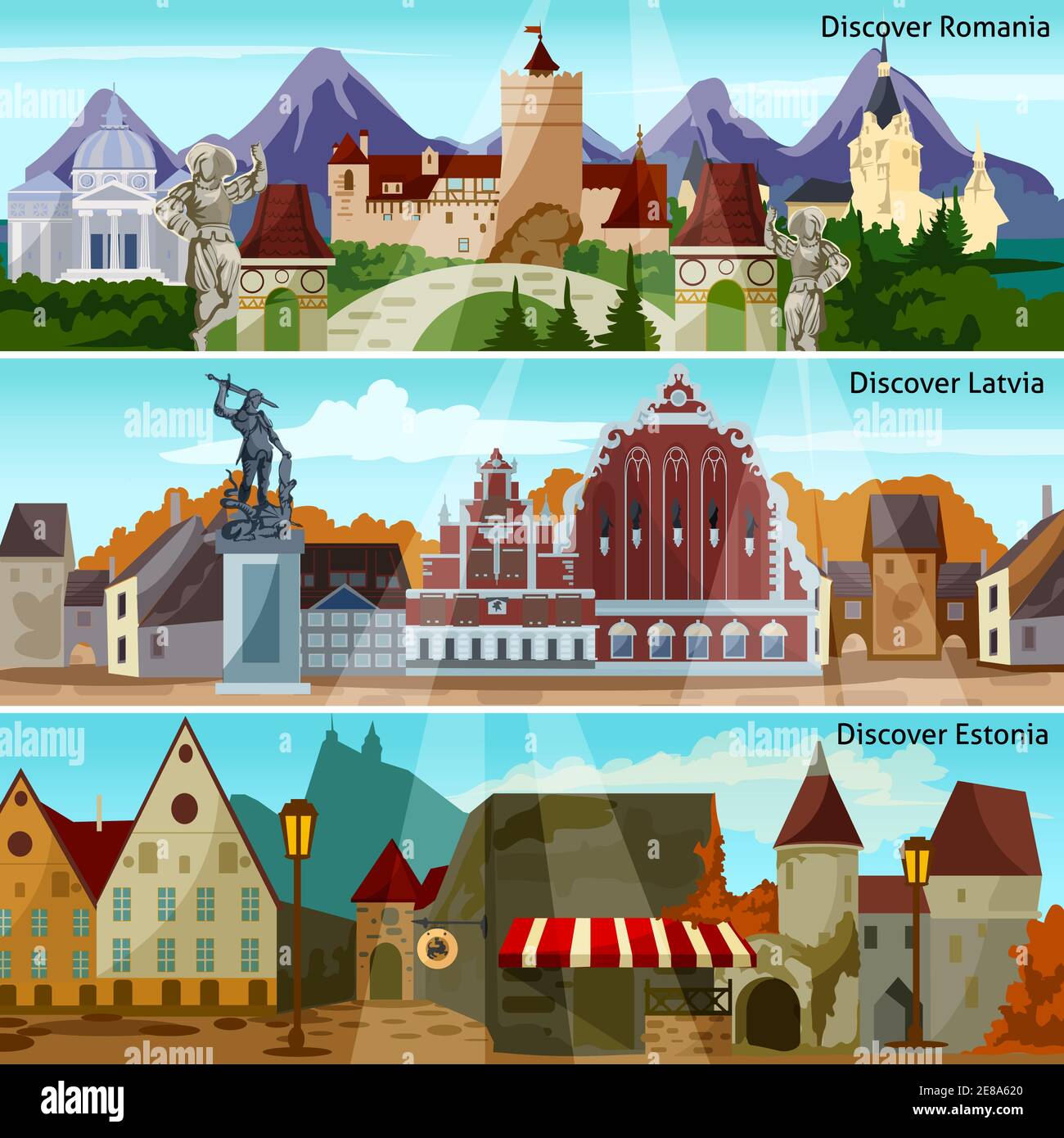 Europäisches Cityscapes Flat Konzept. Europa Und Sehenswürdigkeiten Horizontale Banner. Europäische Städte Vektor Illustration. Europäische Länder Isoliert Gesetzt. Europäisch Stock Vektor