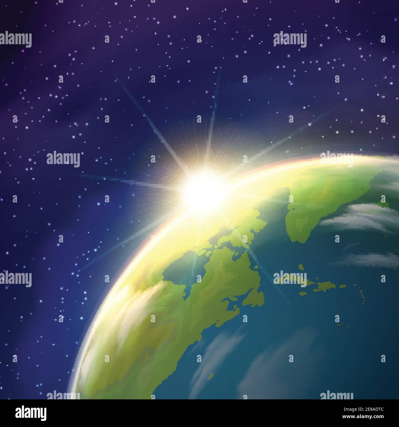 Planet Erde Globus Tempo Ansicht mit hellen aufgehenden Sonne und Sterne Sternbilder auf blauem Hintergrund realistische Poster Vektor Illustration Stock Vektor
