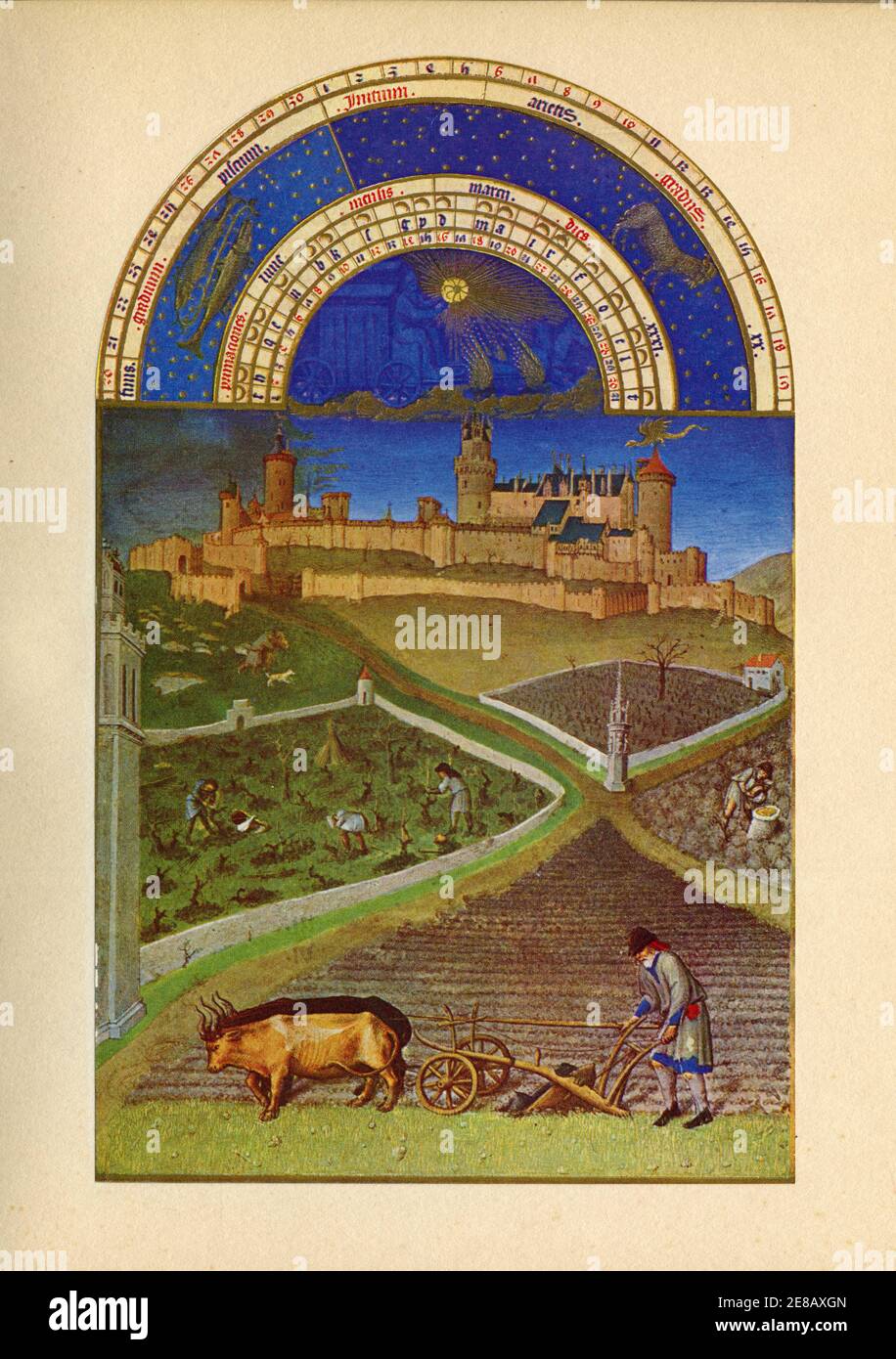 Les très riches heures du duc de Berry. Le calendrier. Le mois de mars Stockfoto