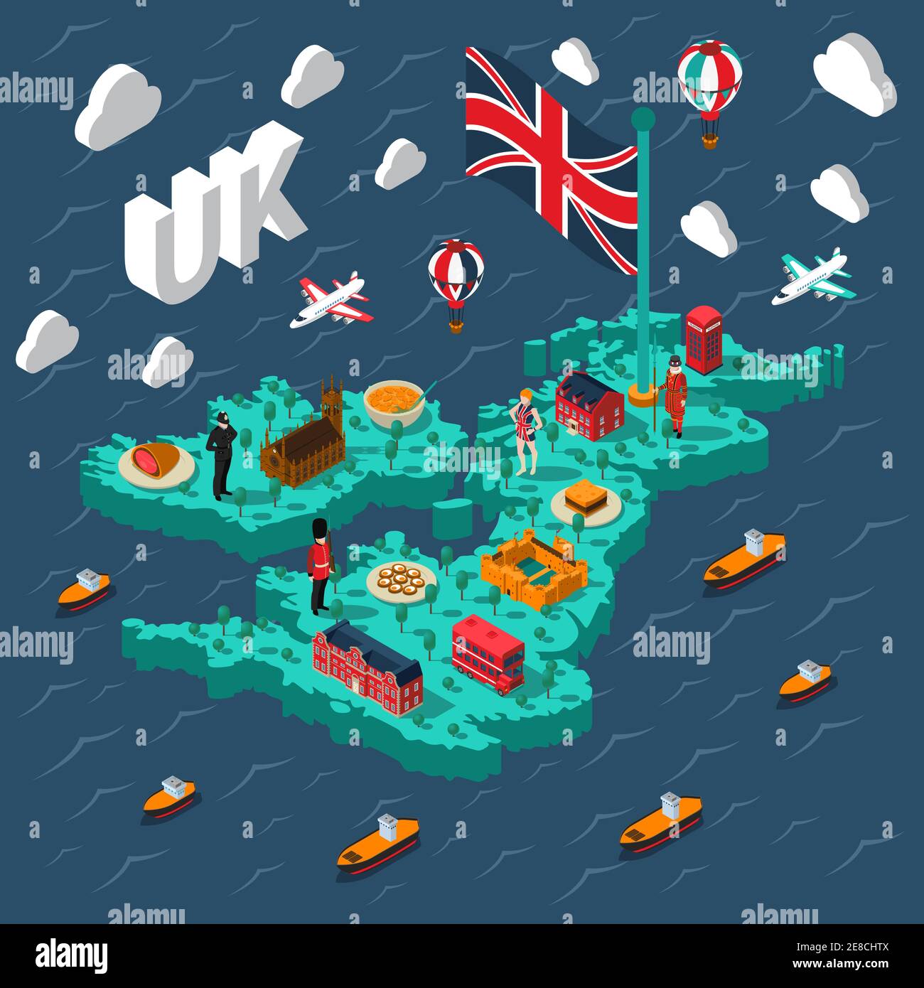 Großbritannien touristische isometrische Karte mit verschiedenen britischen kulturellen Elementen Auf dem Hintergrund mit Seevektordarstellung Stock Vektor