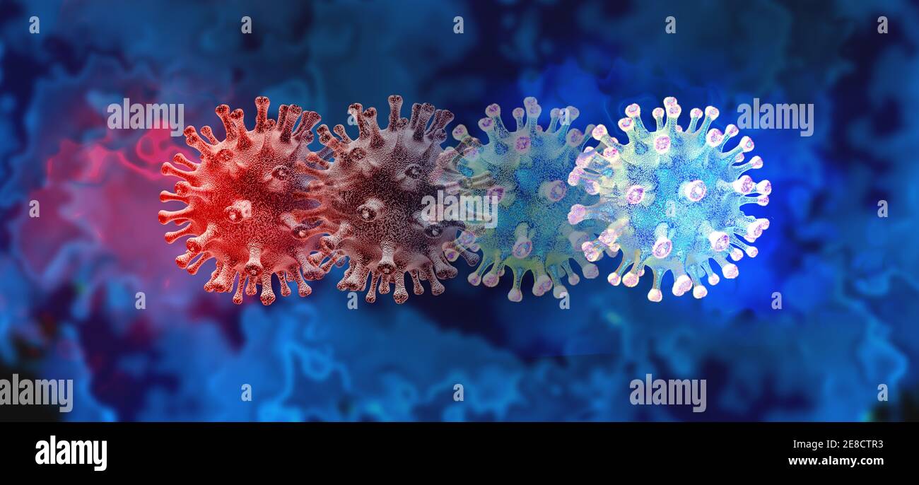Mutierendes Viruskonzept und neues Coronavirus B.1.1.7 Variant Outbreak oder covid-19 Viruszellmutation und Influenza Hintergrund als gefährlicher Grippesteim. Stockfoto