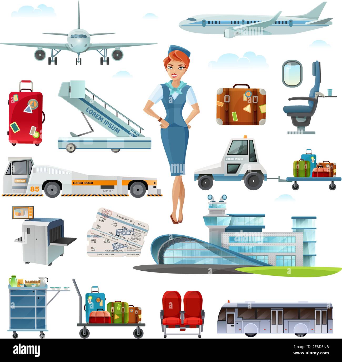 Flughafen Flug Attribute und Zubehör flache Symbole mit Stewardess gesetzt Gepäck Flugtickets abstrakt isoliert Vektor-Illustrationen Stock Vektor