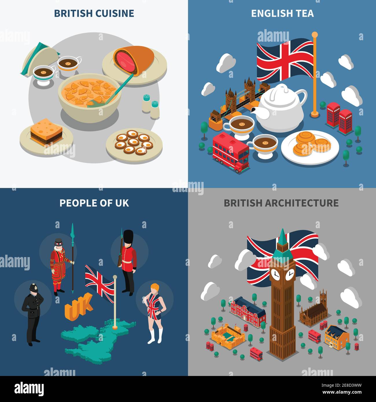 Großbritannien touristische isometrische 2x2 Icons mit britischen kulturellen gesetzt Elemente Architektur Küche und Menschen isoliert Vektor Illustration Stock Vektor