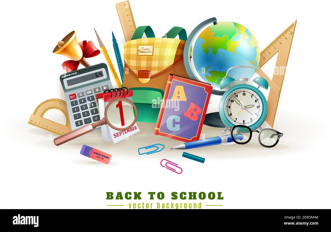 Zurück zur Schule Hintergrundplakat für mit Bürobedarf Artikel Wecker und Klassenzimmer Zubehör Vektor Illustration Stock Vektor