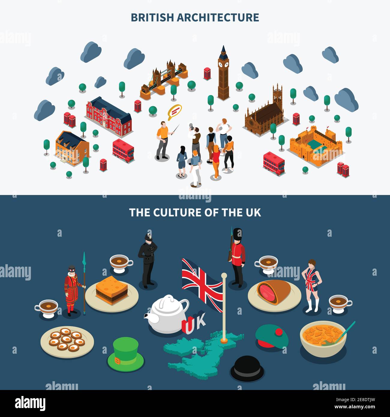 Touristische Großbritannien isometrische horizontale Banner mit Kultursymbolen gesetzt Isolierte Vektordarstellung Stock Vektor