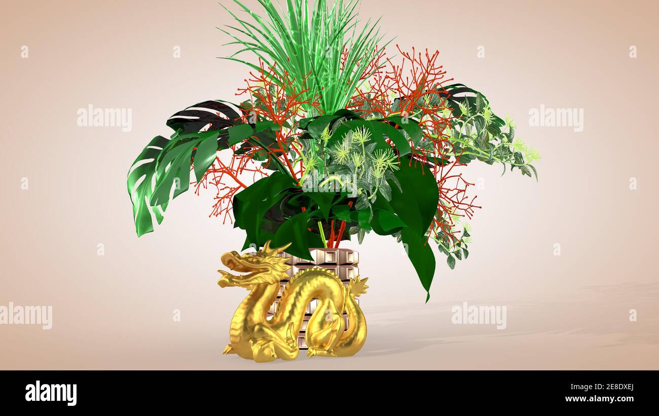 Luxuriöses orientalisches Bouquet und chinesischer Drache - ein Symbol für Wohlbefinden, Innenarchitektur, 3D-Rendering Stockfoto