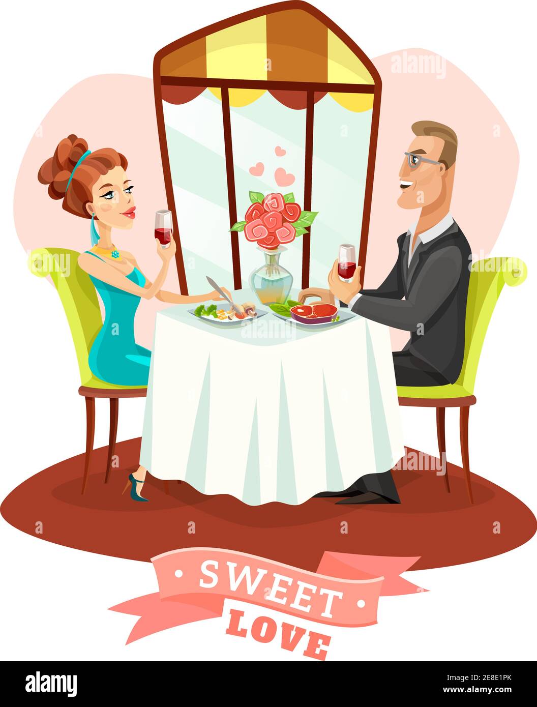 Junges Paar mit romantischen Abendessen und Wein trinken im Restaurant Flache Vektordarstellung im Innenraum Stock Vektor