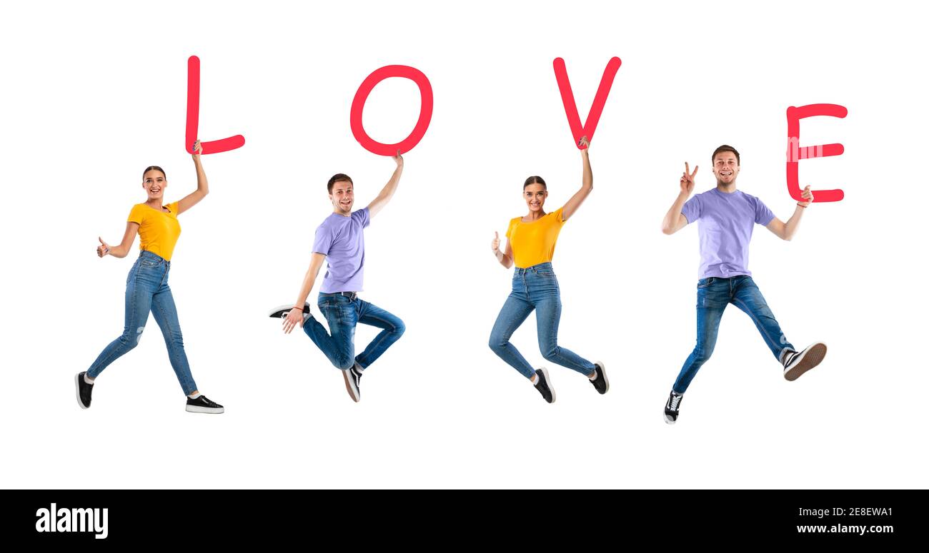 Collage von Menschen springen und halten Buchstaben bilden Wort Liebe Stockfoto