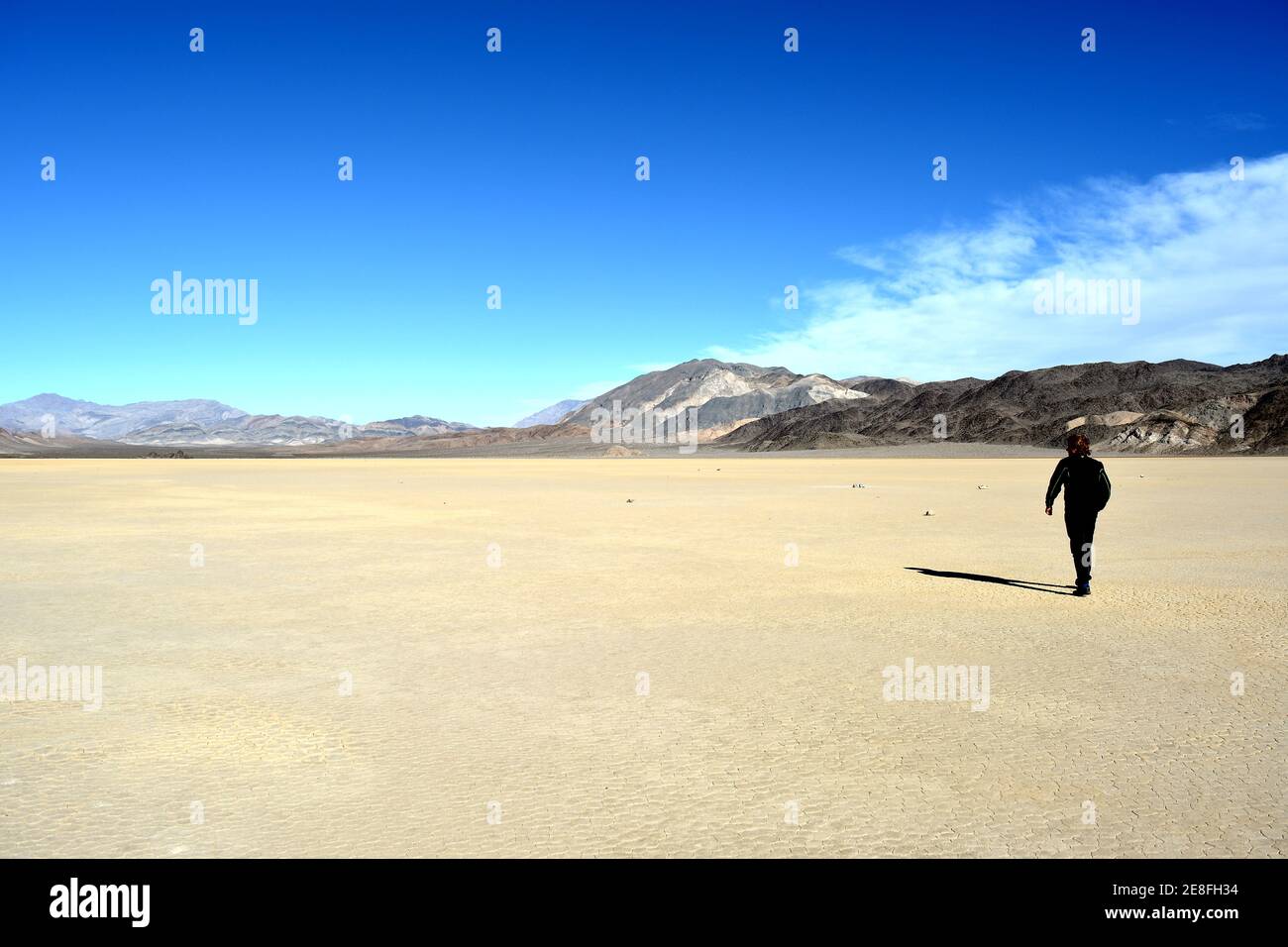 Einzelperson steht auf der Rennstrecke Playa im Death Valley Nationalpark - ein Mann erforscht die Segelsteine, ein Phänomen in der Wüste, Stockfoto