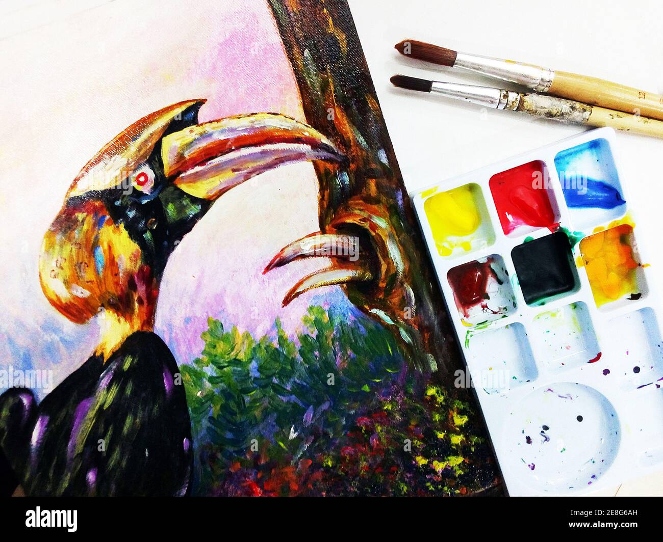 Kunst, Malerei, Acrylfarbe, lächelnd, niedlicher Vogel Stockfoto