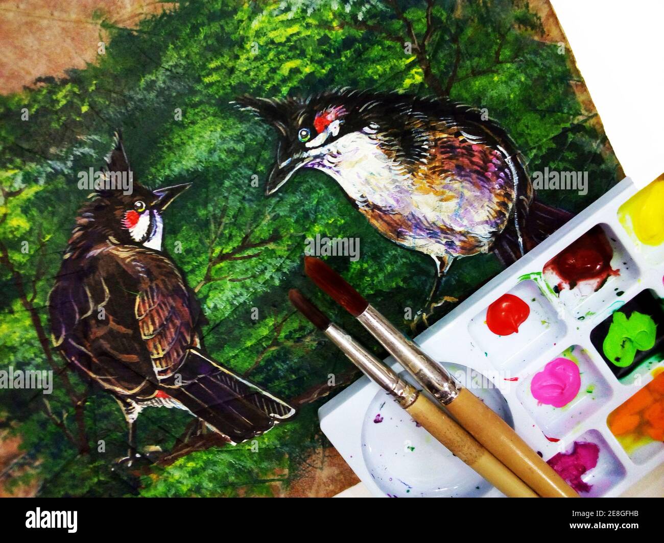 Kunst, Malerei, Acrylfarbe, lächelnd, niedlicher Vogel, rotgeflüsterter Bulbul Stockfoto