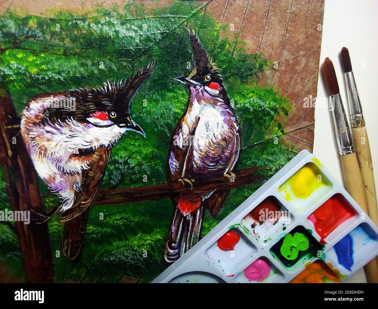 Kunst, Malerei, Acrylfarbe, lächelnd, niedlicher Vogel Stockfoto