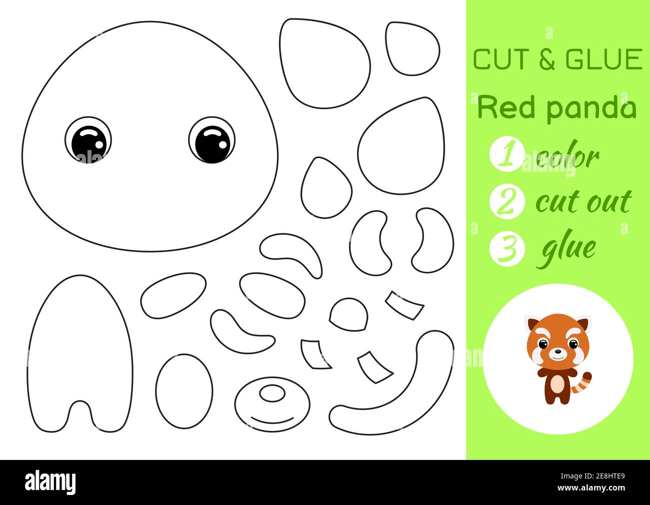 Malbuch schneiden und kleben Baby rot Panda. Pädagogische Papier Spiel für Vorschulkinder. Arbeitsblatt ausschneiden und einfügen. Farbe, Schnittteile und Kleber auf Papier. Stock Vektor